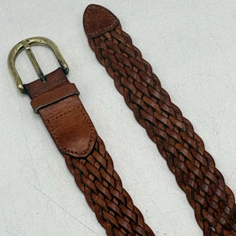 Vintage Brown Woven Braided Leather Belt Leather Buckle Made in Turkey Sz 38